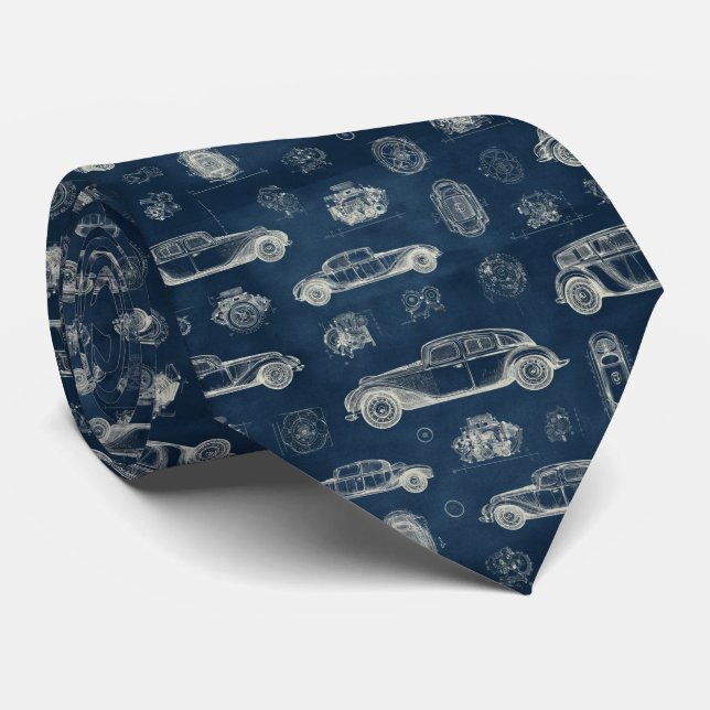 Vintage Car Blueprint Pattern Tie (Rolled)