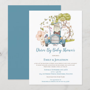 Vintage Car Bunny Foliage boy Drive By Baby Shower Invitation
