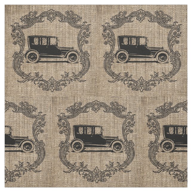 Vintage Car Burlap Fabric (Swatch)