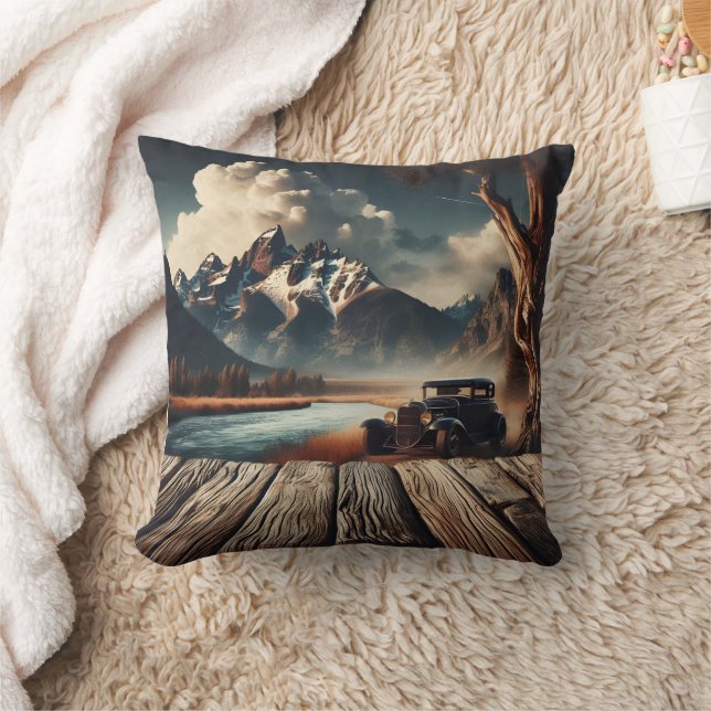 Vintage Car By Scenic Mountain River Landscape Cushion (Blanket)