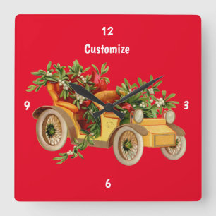 Vintage Car Christmas Mistletoe Thunder_Cove Square Wall Clock