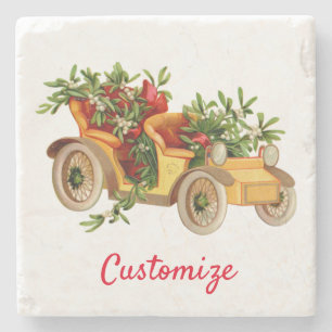 Vintage Car Christmas Mistletoe Thunder_Cove Stone Coaster