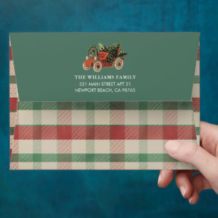 Vintage Car Christmas Red Green Tartan Plaid Lined Envelope