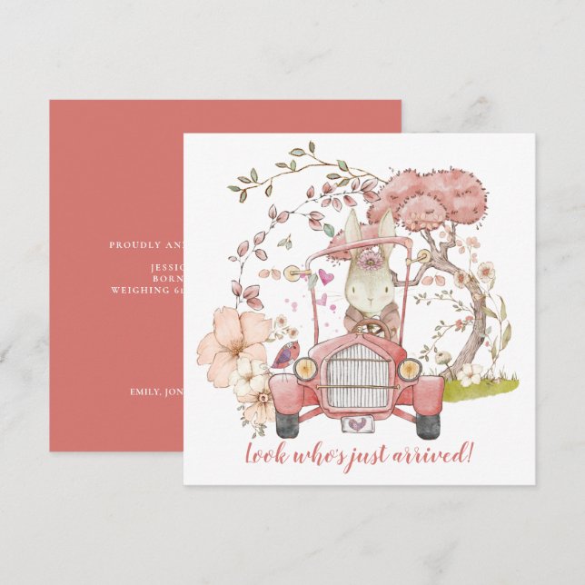 Vintage Car Cute Bunny Girl Birth Announcement (Front/Back)