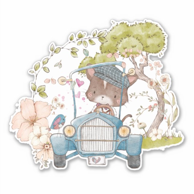 Vintage Car Cute Cat Driving Botanical Baby boy (Front)