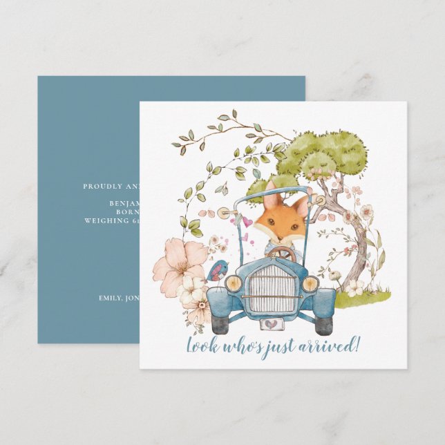 Vintage Car Cute Fox Boy Birth Announcement (Front/Back)