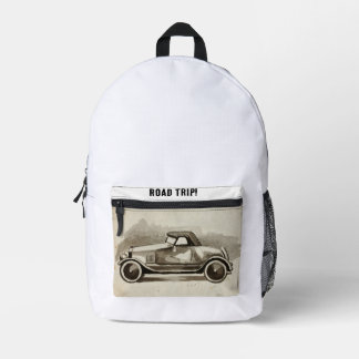 Vintage car drawing on pocket.  Road Trip! Printed Backpack