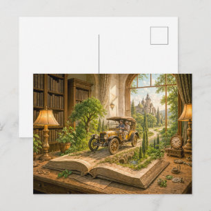 Vintage car drives from storybook page holiday postcard