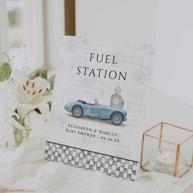 Vintage Car Fuel Station Baby Shower Pedestal Sign (Creator Uploaded)