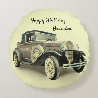 Vintage Car Grandfather Birthday Change Name etc Round Cushion