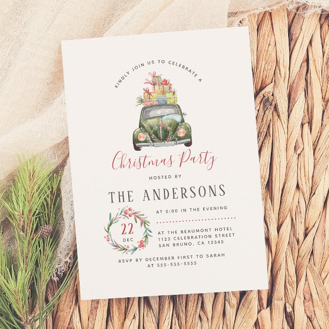 Vintage Car Green Plaid Christmas Holiday Party Invitation (Creator Uploaded)