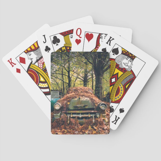 Vintage Car in Fall Leaves Classic Playing Cards (Back)