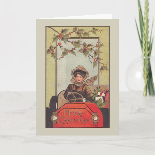 Vintage Car Lady Merry Christmas Holly Holiday Card (Front)
