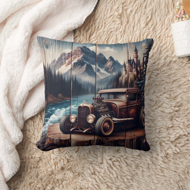 Vintage Car Near a Majestic Mountain Landscape Cushion (Blanket)
