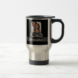 Vintage car on black travel mug