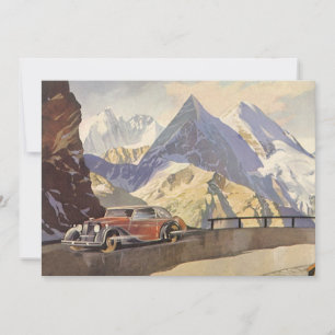 Vintage Car on Mountain Road in Winter with Snow