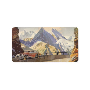 Vintage Car on Mountain Road in Winter with Snow Label