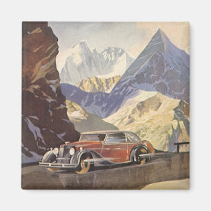 Vintage Car on Mountain Road in Winter with Snow Magnet