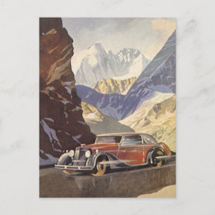 Vintage Car on Mountain Road in Winter with Snow Postcard