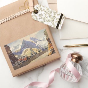 Vintage Car on Mountain Road in Winter with Snow Rectangular Sticker