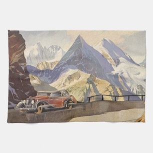 Vintage Car on Mountain Road in Winter with Snow Tea Towel
