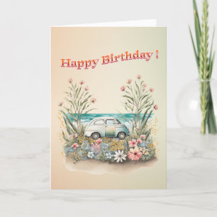 Vintage Car on the Beach - Happy Birthday Card