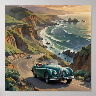 Vintage Car on the Beach Side Road Poster