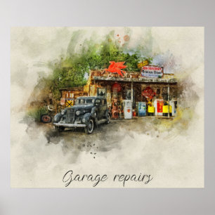 vintage car outside the old garage poster
