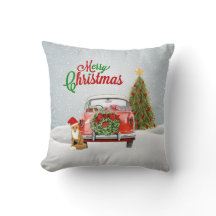 Vintage car parked by Christmas Tree and fox sitti