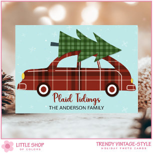 Vintage Car Red Plaid Christmas Custom Photo Holiday Card