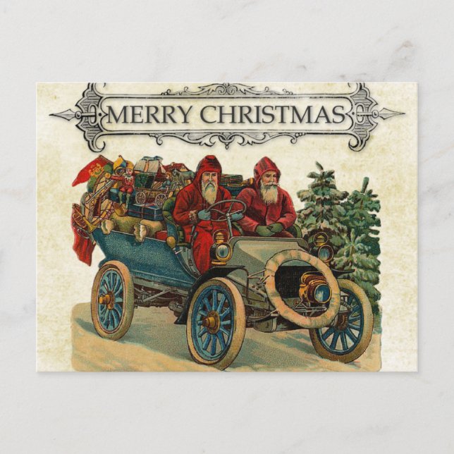 Vintage Car Santa Presents Merry Christmas Postcard (Front)