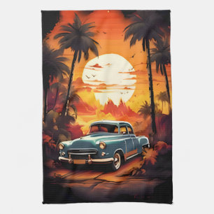 Vintage Car Sunset - Gift for Car Lovers Tea Towel