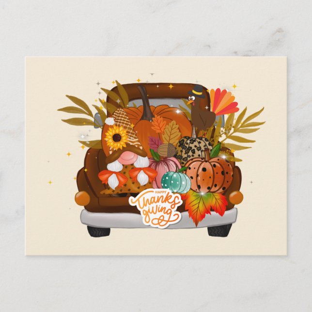 Vintage Car, Thanksgiving Turkey and Autumn Gnome  Postcard (Front)