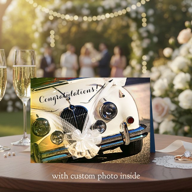 Vintage Car Wedding Card Congratulations (Wedding or anniversary congratulations card featuring a vintage car with festive bridal bows)