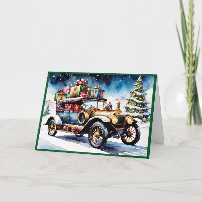 Vintage car with Christmas Gifts Holiday Card (Front)