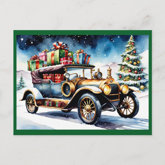 Vintage car with Christmas Gifts Holiday Postcard (Front)