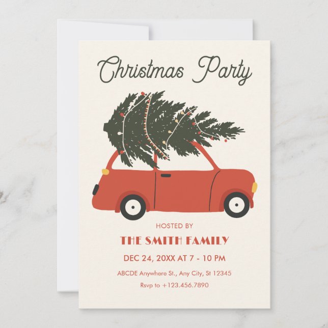 Vintage car with christmas tree invitation (Front)