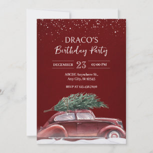 Vintage car with christmas tree snows birthday  invitation