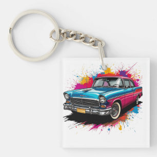 Vintage Car with Colourful Paint Splashes Key Ring