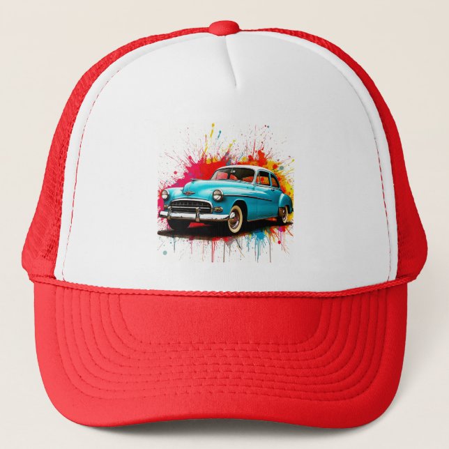 Vintage Car with Colourful Paint Splashes Trucker Hat (Front)