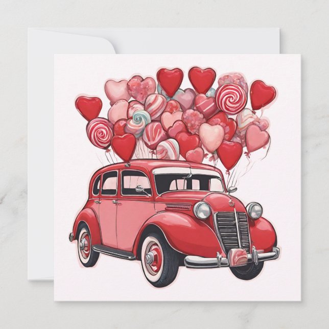 Vintage Car with Valentine's Day Balloons  Holiday Card (Front)