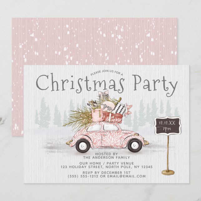Vintage Car Woodland Christmas Party Invitation (Front/Back)