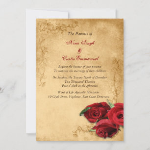 Vintage Caramel Brown & Rose Wedding Invitation