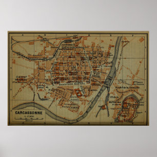 Vintage Carcassonne France Map (1895) Poster