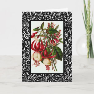 Vintage card Red Floral Black White Frame