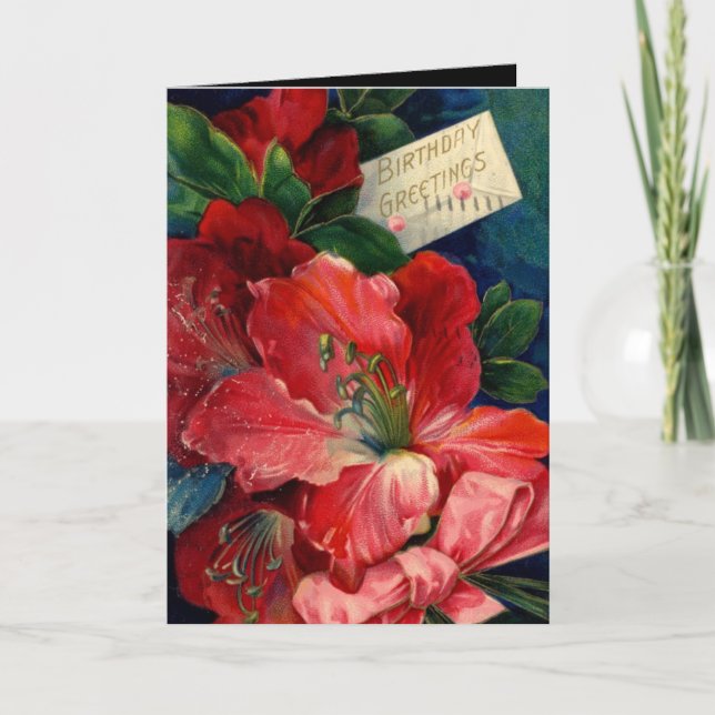 Vintage Card Red Flowers Birthday Greetings (Front)