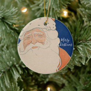 Vintage Card Santa in Red on Blue Ceramic Tree Decoration