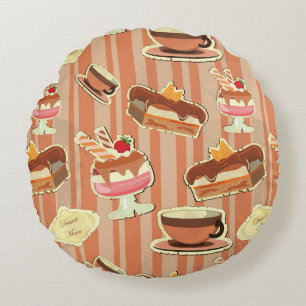 Vintage Card With A Strawberry Dessert Round Cushion
