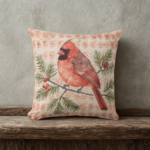 Vintage Cardinal Bird with Pine Branch Cushion