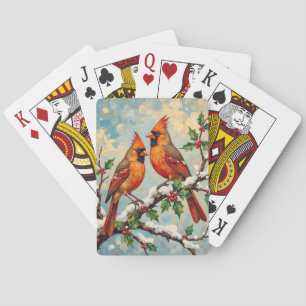 Vintage Cardinal Pair on Snowy Holly Branch Playing Cards